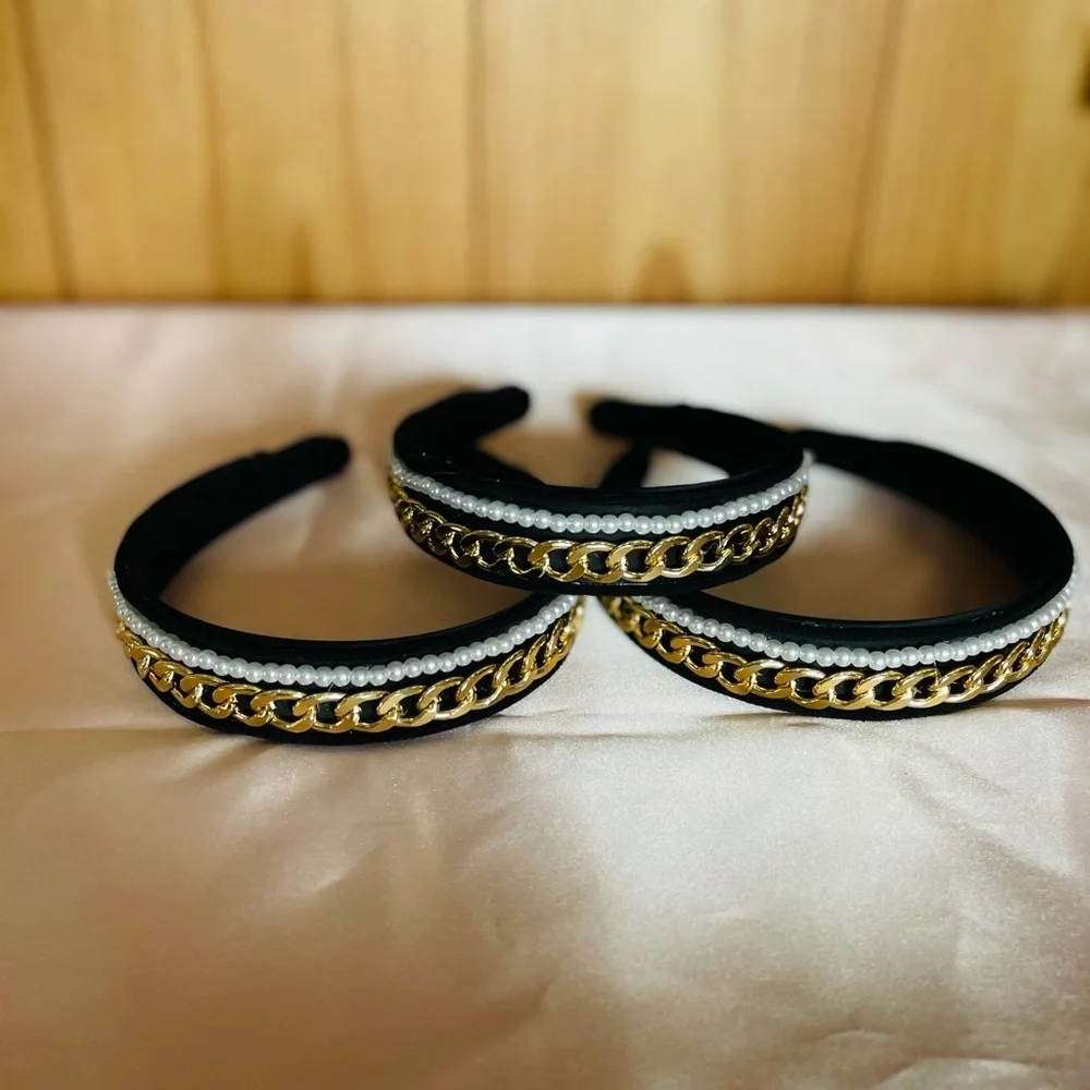 J. ELISE BOUTIQUE NEW TRENDY VELVET Black Gold Chain Pearl Fashion Headband